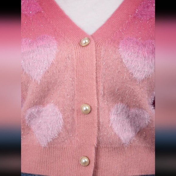 SAACHI Soft Pink Heart Ombre Sparkle Cardigan Size OS #Valentines Day NWT$220 - Picture 12 of 14
